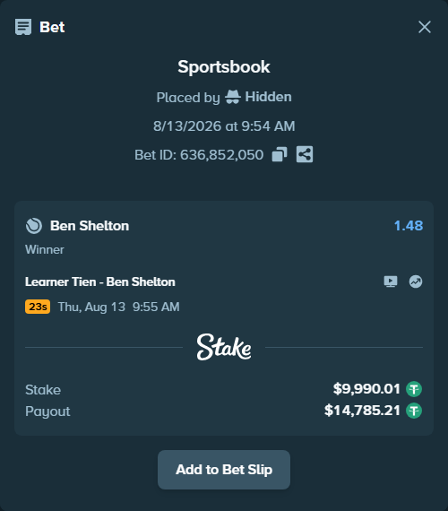 Bet slip: Learner Tien - Ben Shelton, $10,000.00 stake at 1.48 odds, placed by Hidden