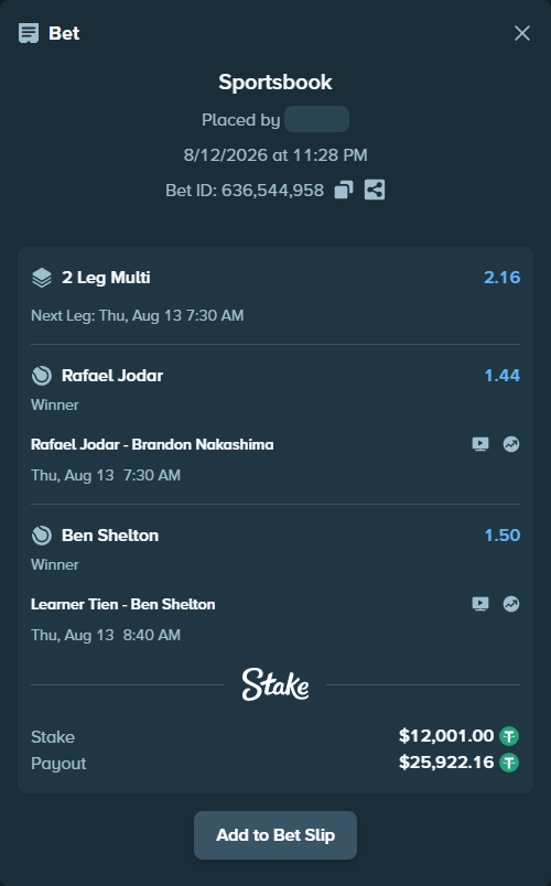 Bet slip: Learner Tien - Ben Shelton, $12,013.00 stake at 1.50 odds, placed by Mopsik33