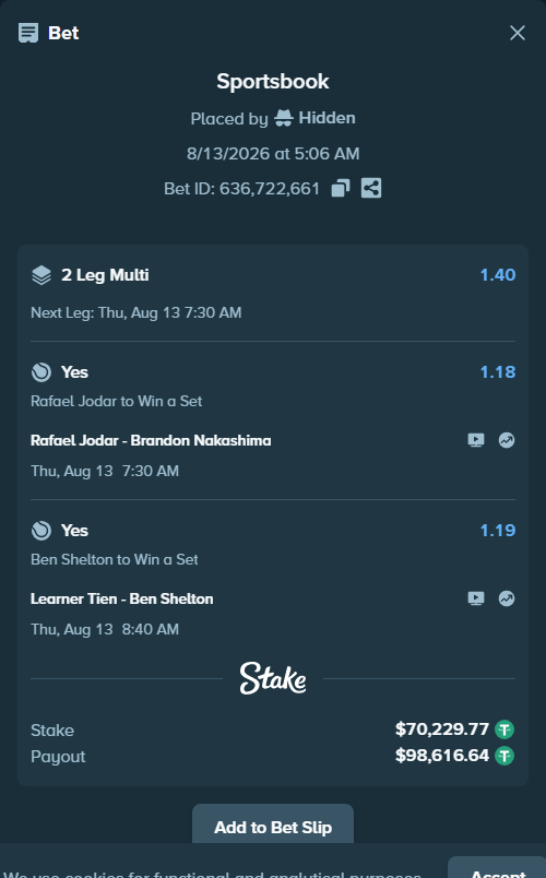 Bet slip: Learner Tien - Ben Shelton, $70,300.00 stake at 1.19 odds, placed by Hidden