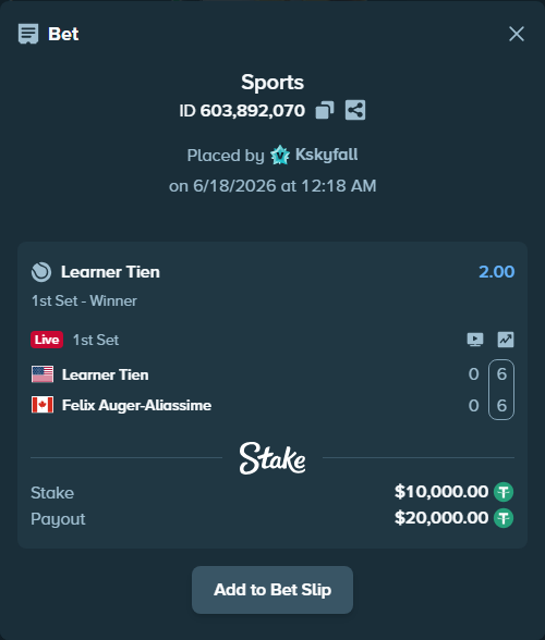 Bet slip: Learner Tien - Felix Auger-Aliassime, $10,010.00 stake at 2.00 odds, placed by Kskyfall