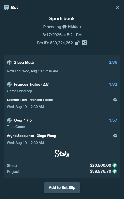 Bet slip: Learner Tien - Frances Tiafoe, $20,520.50 stake at 1.82 odds, placed by Hidden