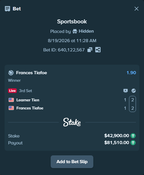 Bet slip: Learner Tien - Frances Tiafoe, $42,942.90 stake at 1.90 odds, placed by Hidden