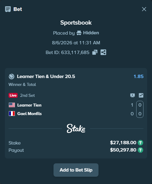 Bet slip: Learner Tien - Gael Monfils, $27,215.19 stake at 1.85 odds, placed by Hidden
