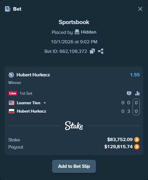 Bet slip: Learner Tien - Hubert Hurkacz, $84,759.00 stake at 1.55 odds, placed by Atte90