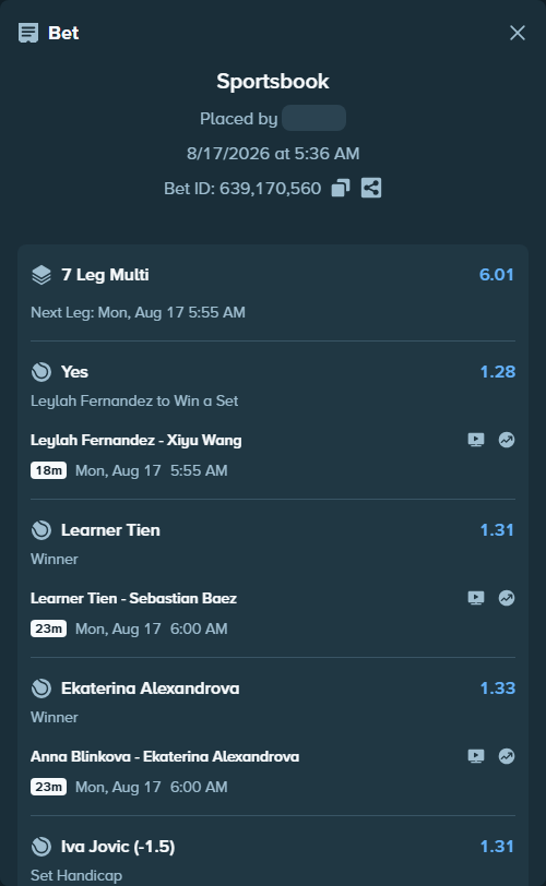 Bet slip: Learner Tien - Sebastian Baez, $12,126.00 stake at 1.31 odds, placed by Regenergy