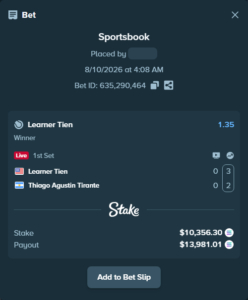 Bet slip: Learner Tien - Thiago Agustin Tirante, $10,321.34 stake at 1.35 odds, placed by Mashko21
