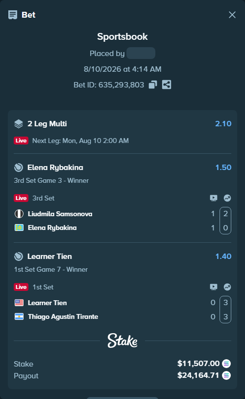 Bet slip: Learner Tien - Thiago Agustin Tirante, $11,511.40 stake at 1.40 odds, placed by Prettylfacko98