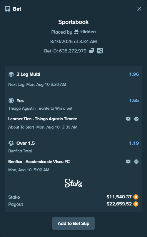 Bet slip: Learner Tien - Thiago Agustin Tirante, $13,771.47 stake at 1.65 odds, placed by Hidden
