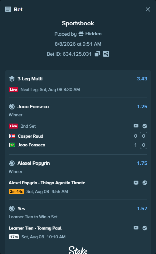 Bet slip: Learner Tien - Tommy Paul, $14,340.05 stake at 1.57 odds, placed by Hidden