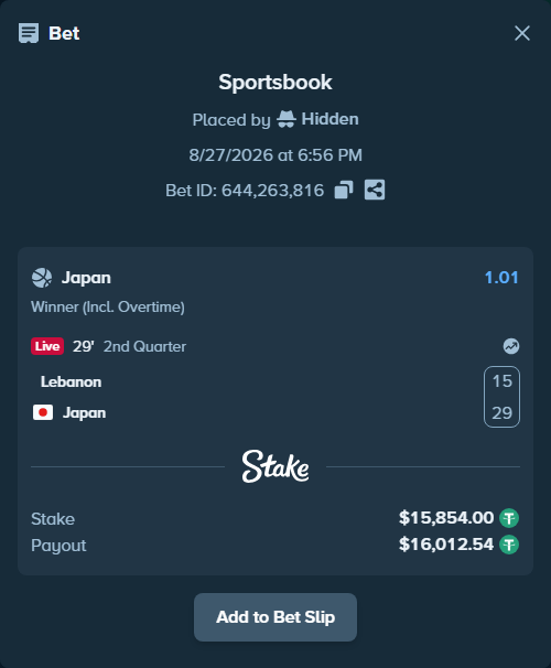 Bet slip: Lebanon - Japan, $15,854.00 stake at 1.01 odds, placed by Hidden