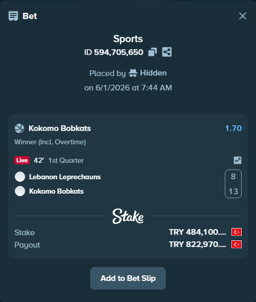 Bet slip: Lebanon Leprechauns - Kokomo Bobkats, $14,523.00 stake at 1.70 odds, placed by Hidden