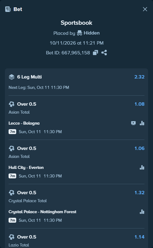 Bet slip: Lecce - Bologna, $39,999.00 stake at 1.08 odds, placed by SH7N28