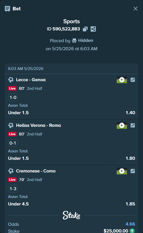 Bet slip: Lecce - Genoa, $25,000.00 stake at 1.40 odds, placed by Hidden