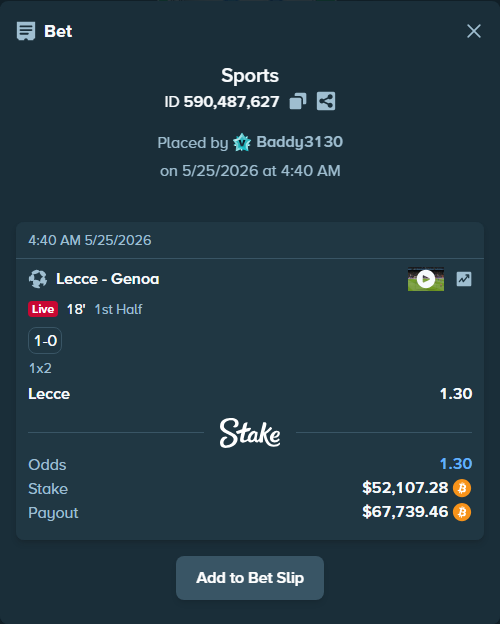 Bet slip: Lecce - Genoa, $43,744.40 stake at 1.30 odds, placed by Baddy3130