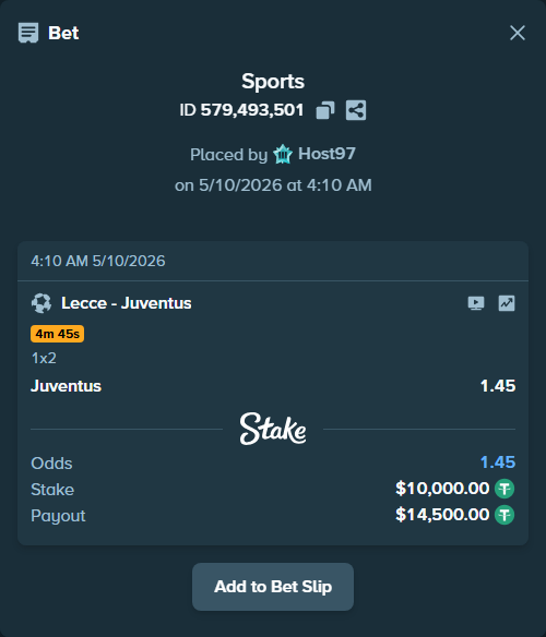 Bet slip: Lecce - Juventus, $10,000.00 stake at 1.45 odds, placed by Host97