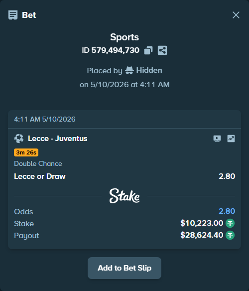 Bet slip: Lecce - Juventus, $10,223.00 stake at 2.80 odds, placed by Hidden