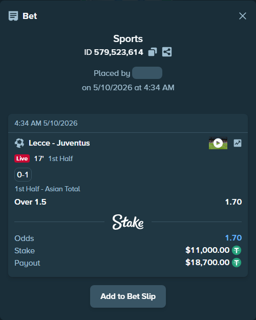 Bet slip: Lecce - Juventus, $11,000.00 stake at 1.70 odds, placed by Romka433
