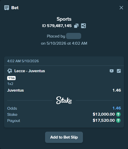 Bet slip: Lecce - Juventus, $12,000.00 stake at 1.46 odds, placed by mathiasjuel