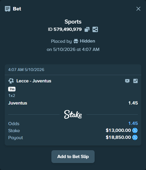 Bet slip: Lecce - Juventus, $13,000.00 stake at 1.45 odds, placed by Hidden