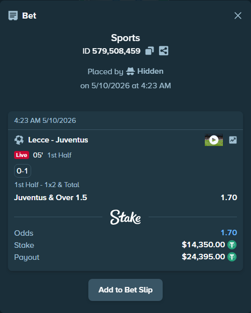 Bet slip: Lecce - Juventus, $14,350.00 stake at 1.70 odds, placed by Hidden