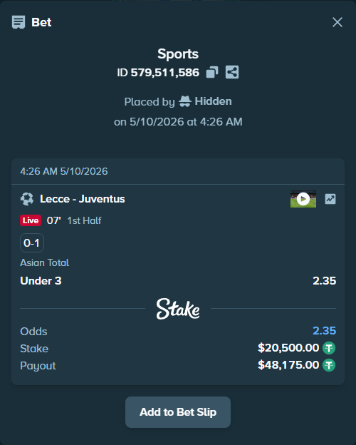 Bet slip: Lecce - Juventus, $20,500.00 stake at 2.35 odds, placed by Hidden