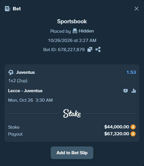 Bet slip: Lecce - Juventus, $43,551.60 stake at 1.53 odds, placed by Tonyj69