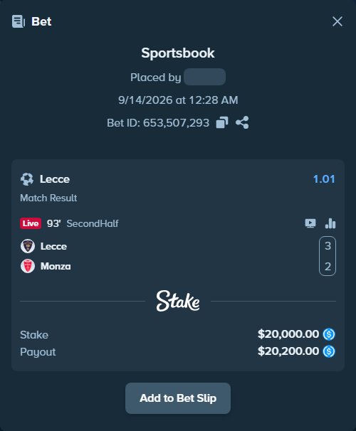 Bet slip: Lecce - Monza, $20,000.00 stake at 1.01 odds, placed by petterblom