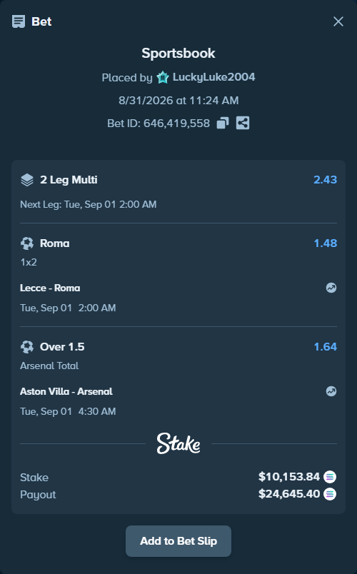 Bet slip: Lecce - Roma, $10,164.20 stake at 1.48 odds, placed by LuckyLuke2004