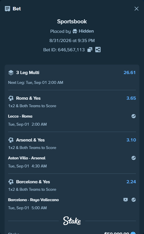 Bet slip: Lecce - Roma, $50,000.00 stake at 3.65 odds, placed by Hidden