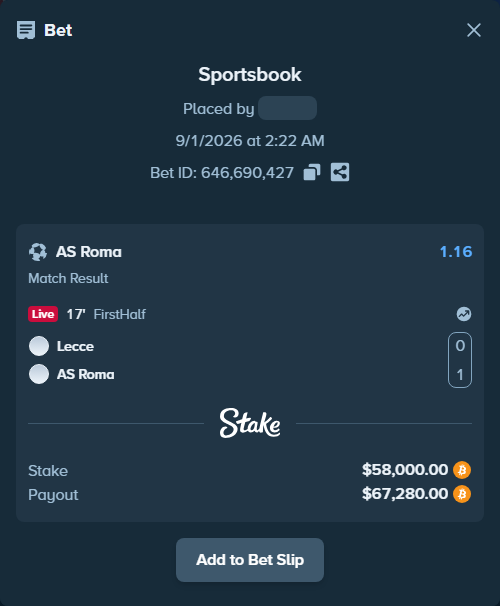 Bet slip: Lecce - Roma, $58,033.76 stake at 1.16 odds, placed by Espnik