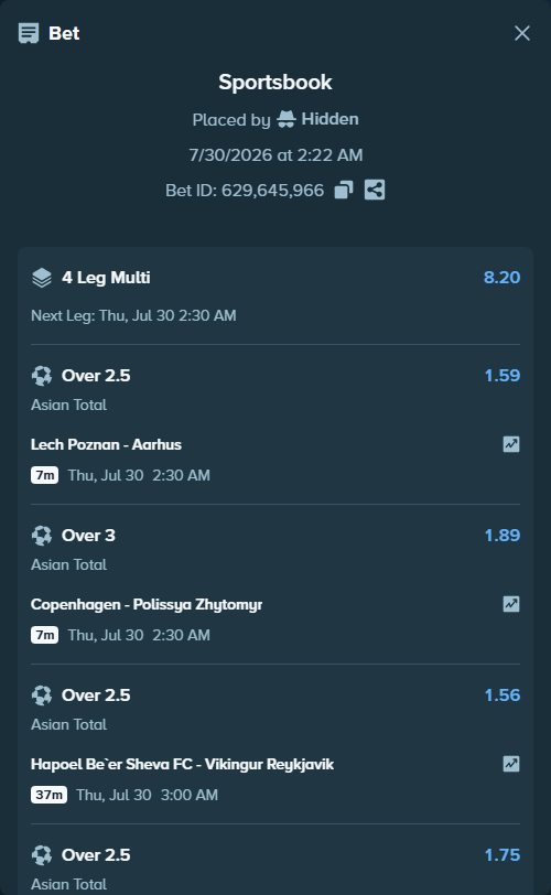 Bet slip: Lech Poznan - Aarhus, $13,603.59 stake at 1.59 odds, placed by Hidden
