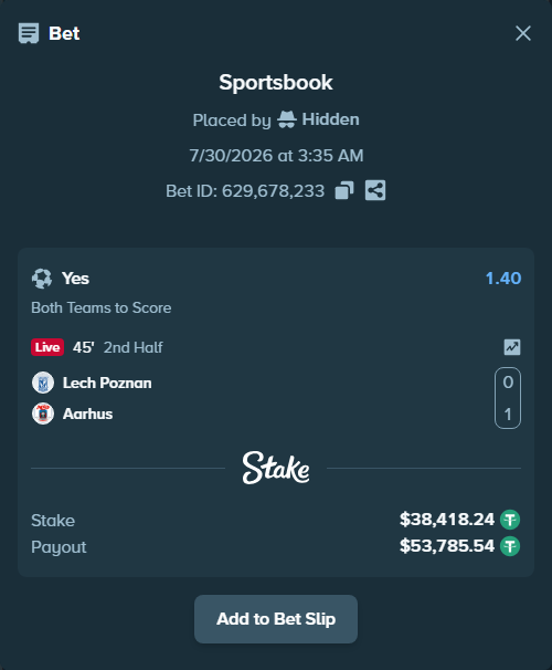 Bet slip: Lech Poznan - Aarhus, $38,456.66 stake at 1.40 odds, placed by Hidden