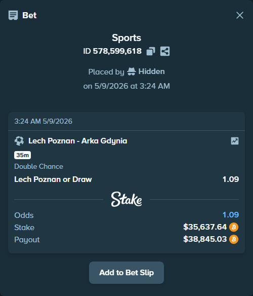 Bet slip: Lech Poznan - Arka Gdynia, $28,567.01 stake at 1.09 odds, placed by Hidden