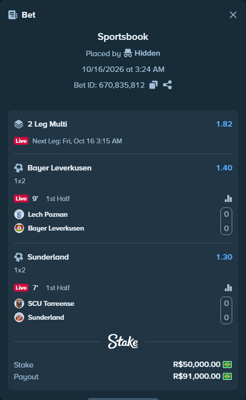 Bet slip: Lech Poznan - Bayer Leverkusen, $10,000.00 stake at 1.40 odds, placed by ricardo911ss