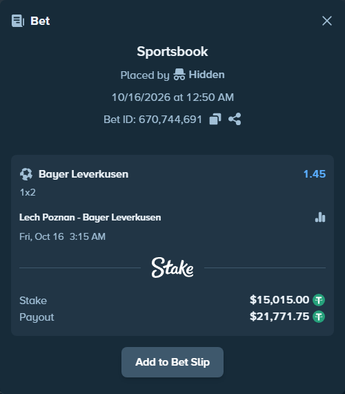 Bet slip: Lech Poznan - Bayer Leverkusen, $15,030.01 stake at 1.45 odds, placed by MitchellWit
