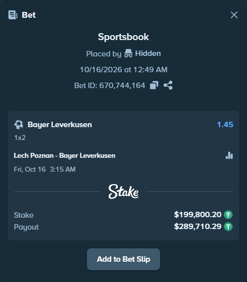 Bet slip: Lech Poznan - Bayer Leverkusen, $200,000.00 stake at 1.45 odds, placed by Oen1