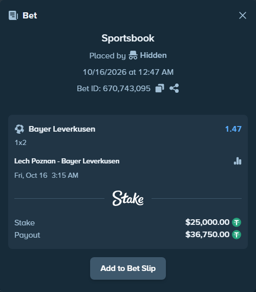 Bet slip: Lech Poznan - Bayer Leverkusen, $25,025.00 stake at 1.47 odds, placed by floutp451