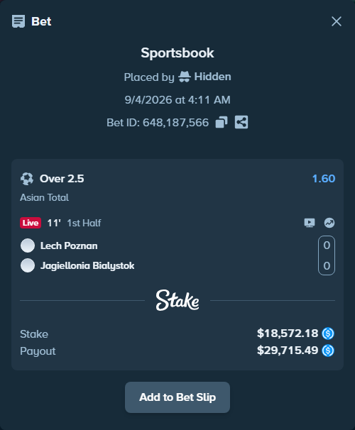 Bet slip: Lech Poznan - Jagiellonia Bialystok, $18,572.18 stake at 1.60 odds, placed by Hidden