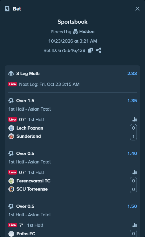 Bet slip: Lech Poznan - Sunderland, $10,010.00 stake at 1.35 odds, placed by Hidden