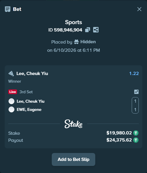Bet slip: Lee, Cheuk Yiu - EWE, Eogene, $20,000.00 stake at 1.22 odds, placed by Hidden
