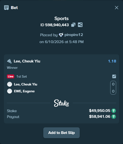 Bet slip: Lee, Cheuk Yiu - EWE, Eogene, $50,000.00 stake at 1.18 odds, placed by piropiro12