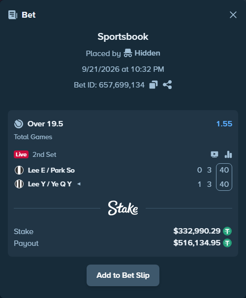 Bet slip: Lee E / Park So - Lee Y-H / Ye Q Y, $332,990.29 stake at 1.55 odds, placed by Hidden