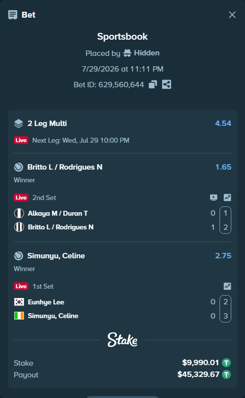 Bet slip: Lee, Eunhye (2000) - Simunyu, Celine, $10,000.00 stake at 2.75 odds, placed by Hidden