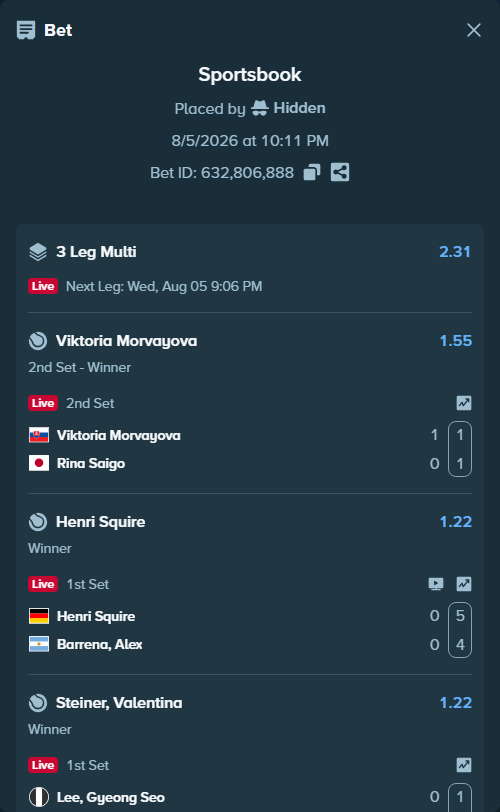 Bet slip: Lee, Gyeong Seo - Steiner, Valentina, $35,000.00 stake at 1.22 odds, placed by Hidden