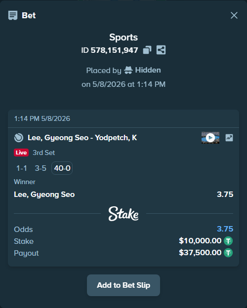 Bet slip: Lee, Gyeong Seo - Yodpetch, K, $10,000.00 stake at 3.75 odds, placed by Hidden