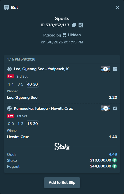 Bet slip: Lee, Gyeong Seo - Yodpetch, K, $10,000.00 stake at 3.20 odds, placed by Hidden