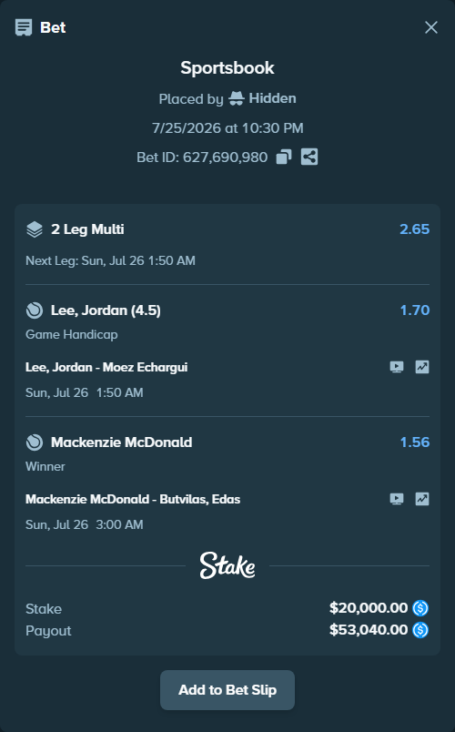 Bet slip: Lee, Jordan - Moez Echargui, $20,000.00 stake at 1.70 odds, placed by Hidden