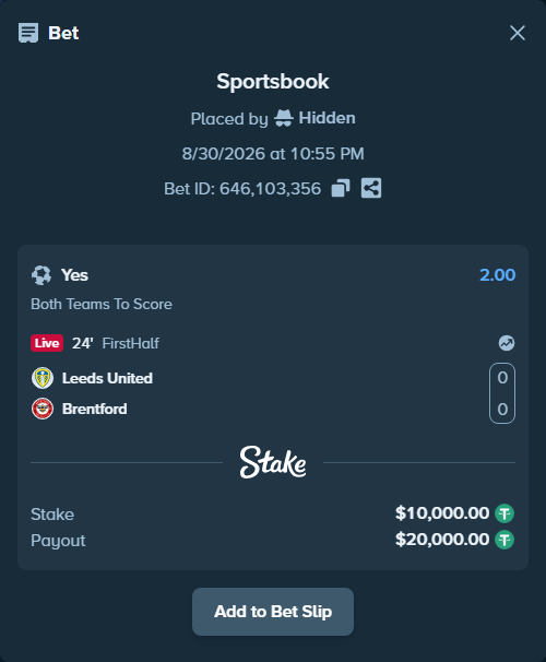 Bet slip: Leeds United - Brentford, $10,000.00 stake at 2.00 odds, placed by Hidden