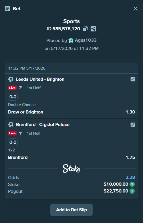 Bet slip: Leeds United - Brighton, $10,000.00 stake at 1.30 odds, placed by Agus1033