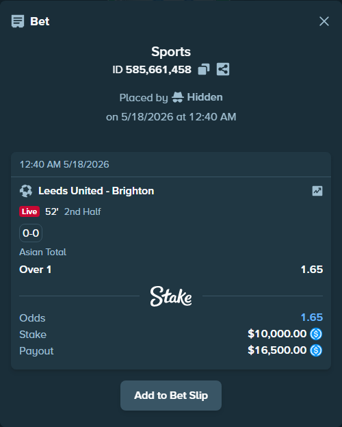 Bet slip: Leeds United - Brighton, $10,000.00 stake at 1.65 odds, placed by Hidden
